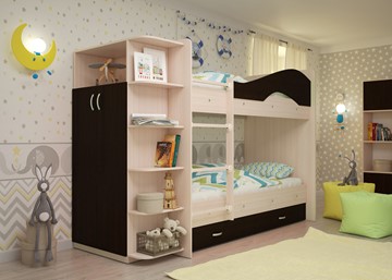 Детская 2-этажная кровать Мая на щитах со шкафом и ящиками, корпус Млечный дуб, фасад Венге в Екатеринбурге