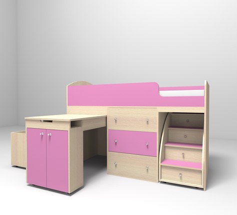 Детская кровать-чердак Малыш 1600, корпус Дуб, фасад Розовый в Кушве - изображение