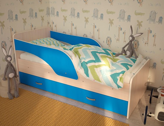 Кровать с бортиками Максимка, корпус Млечный дуб, фасад Синий в Тавде - изображение