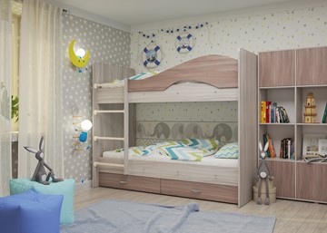 Детская двухъярусная кровать Мая с 2 ящиками на щитах, корпус Шимо светлый, фасад Шимо темный в Первоуральске
