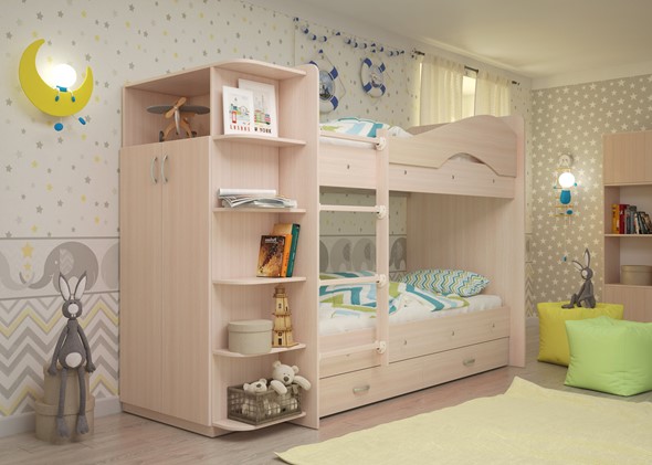 Двухъярусная детская кровать Мая на щитах со шкафом и ящиками, цвет Млечный дуб в Полевском - изображение