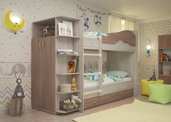 Двухъярусная кровать Мая на щитах со шкафом и ящиками, корпус Шимо светлый, фасад Шимо темный в Ревде - изображение