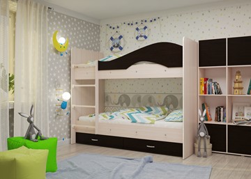 Детская  двухъярусная кровать Мая с 2 ящиками на щитах, корпус Млечный дуб, фасад Венге в Первоуральске - предосмотр 1