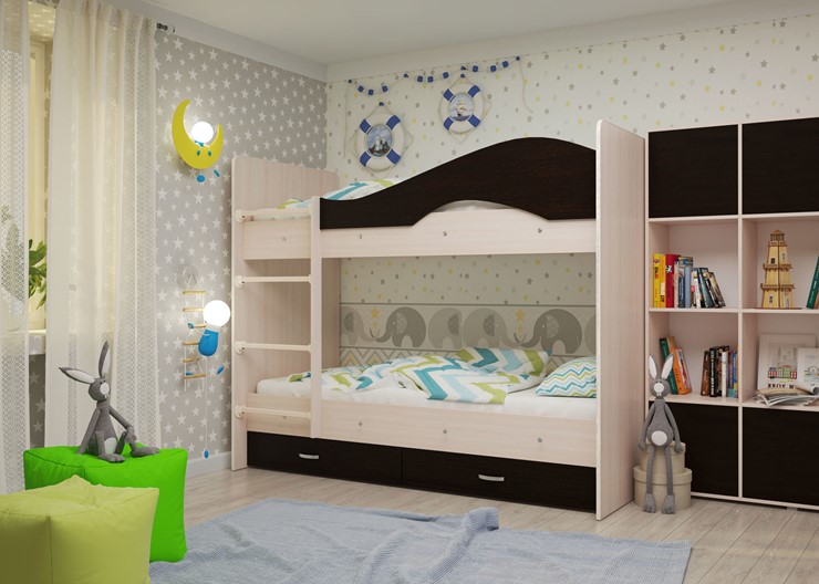 Детская  двухъярусная кровать Мая с 2 ящиками на щитах, корпус Млечный дуб, фасад Венге в Ревде - изображение 1