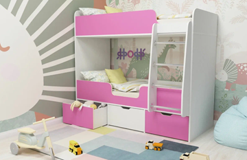Детская 2-этажная кровать Малыш двойняшка 70х160, корпус Белое дерево, фасад Розовый в Екатеринбурге - предосмотр