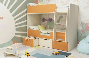 Детская двухъярусная кровать Малыш двойняшка 70х160, корпус Дуб молочный, фасад Оранжевый в Екатеринбурге