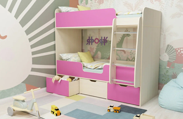 Кровать двухъярусная Малыш двойняшка 70х160, корпус Дуб молочный, фасад Розовый в Ревде - предосмотр