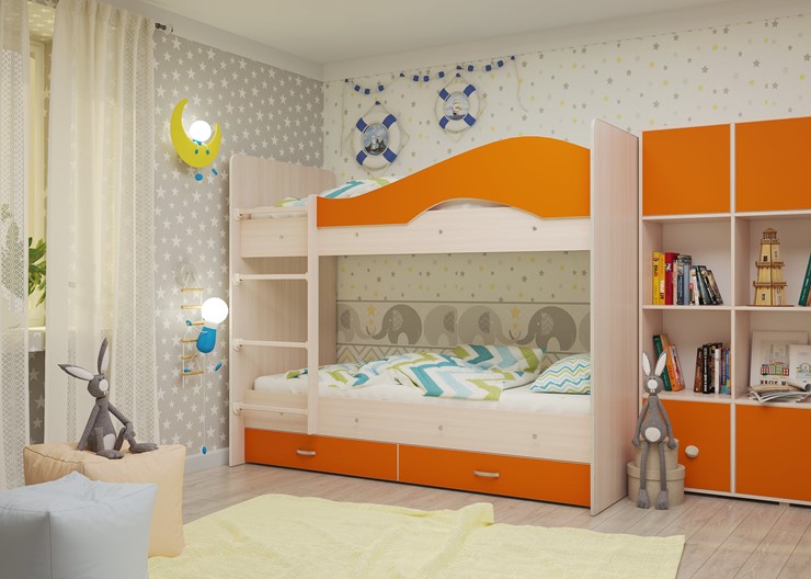 Двухэтажная детская кровать Мая на щитах, корпус Млечный дуб, фасад Оранжевый в Ревде - изображение 1