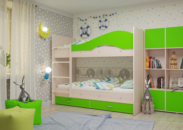 Детская двухъярусная кровать Мая на щитах, корпус Млечный дуб, фасад Салатовый в Ревде - изображение 2