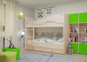 Двухъярусная детская кровать Мая на щитах со шкафом и ящиками, цвет Млечный дуб в Ирбите - предосмотр 1
