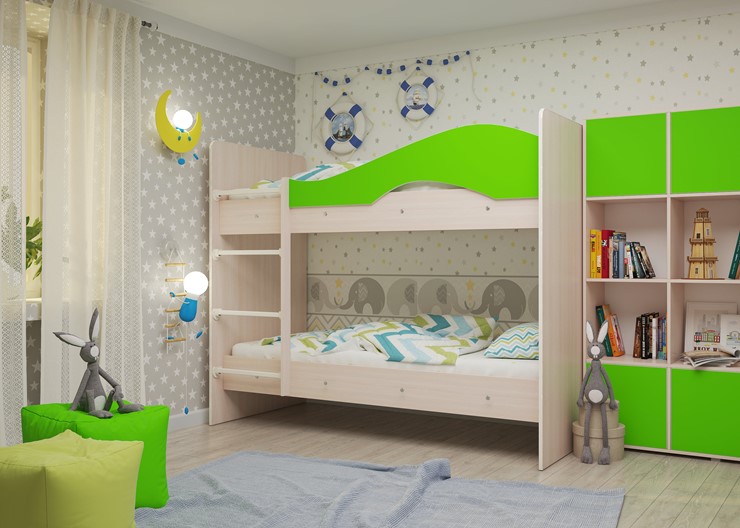 Детская двухэтажная кровать Мая на щитах со шкафом и ящиками, корпус Млечный дуб, фасад Салатовый в Каменске-Уральском - изображение 2