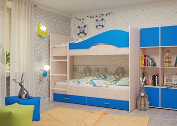 Детская 2-ярусная кровать Мая на щитах со шкафом и ящиками, корпус Млечный дуб, фасад Синий в Тавде - предосмотр 2
