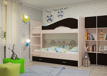 Детская 2-этажная кровать Мая на щитах со шкафом и ящиками, корпус Млечный дуб, фасад Венге в Новоуральске - предосмотр 1