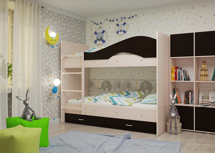 Детская 2-этажная кровать Мая на щитах со шкафом и ящиками, корпус Млечный дуб, фасад Венге в Ревде - изображение 1