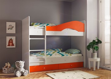 Двухэтажная детская кровать Мая с 2 ящиками на щитах, корпус Млечный дуб, фасад Оранжевый в Тавде