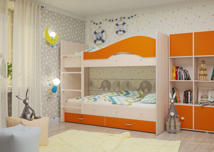 Двухэтажная детская кровать Мая с 2 ящиками на щитах, корпус Млечный дуб, фасад Оранжевый в Екатеринбурге - изображение 3