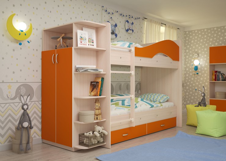 Двухэтажная детская кровать Мая с 2 ящиками на щитах, корпус Млечный дуб, фасад Оранжевый в Екатеринбурге - изображение 1
