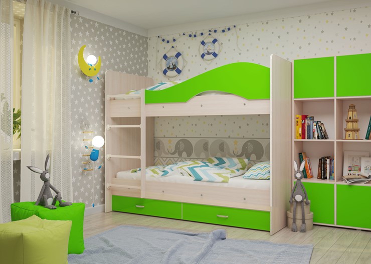 Детская 2-х ярусная кровать Мая с 2 ящиками на щитах, корпус Млечный дуб, фасад Салатовый в Первоуральске - изображение 1