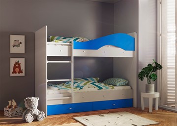 Кровать 2-ярусная Мая с 2 ящиками на щитах, корпус Млечный дуб, фасад Синий в Красноуфимске