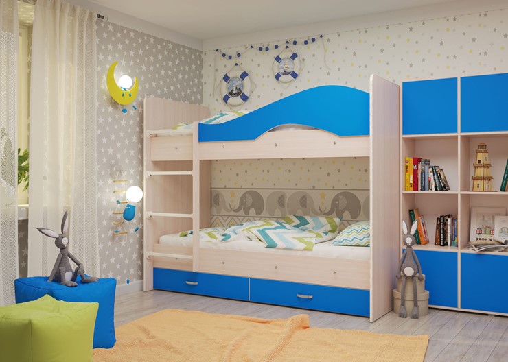 Кровать 2-ярусная Мая с 2 ящиками на щитах, корпус Млечный дуб, фасад Синий в Екатеринбурге - изображение 3