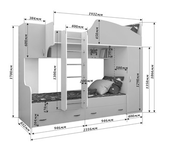Детская 2-этажная кровать Юниор-2, каркас Белое дерево, фасад Лайм в Красноуфимске - предосмотр 1