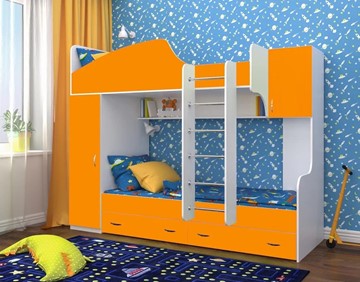 Двухэтажная детская кровать Юниор-2, каркас Белое дерево, фасад Оранжевый в Екатеринбурге