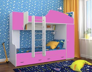 Детская 2-этажная кровать Юниор-2, каркас Белое дерево, фасад Розовый в Ревде