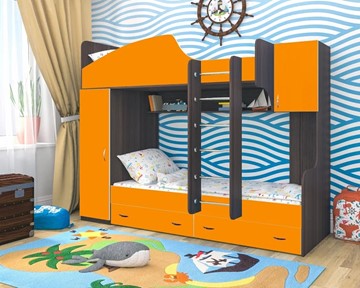 Детская 2-ярусная кровать Юниор-2, каркас Ясень анкор темный, фасад Оранжевый в Ревде