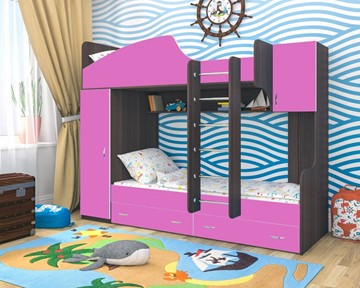 Двухэтажная детская кровать Юниор-2, каркас Ясень анкор темный, фасад Розовый в Первоуральске