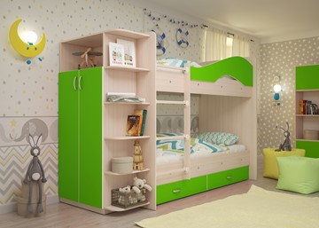 Детская двухэтажная кровать Мая на щитах со шкафом и ящиками, корпус Млечный дуб, фасад Салатовый в Кушве