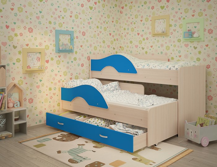 Двухъярусная кровать Радуга 1.6 с ящиком, корпус Млечный дуб, фасад Синий в Екатеринбурге - изображение 1