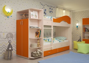 Кровать 2-ярусная Мая на щитах со шкафом и ящиками, корпус Млечный дуб, фасад Оранжевый в Богдановиче
