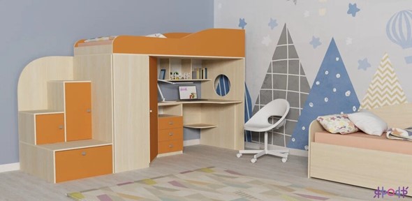 Детская кровать-чердак Кадет-1, корпус Дуб, фасад Оранжевый в Екатеринбурге - изображение