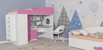 Детская кровать-шкаф Кадет-1 с металлической лестницей, корпус Белое дерево, фасад Розовый в Кушве