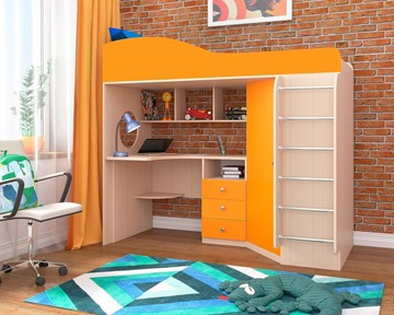 Детская кровать-чердак Кадет-1 с металлической лестницей, корпус Дуб, фасад Оранжевый в Полевском