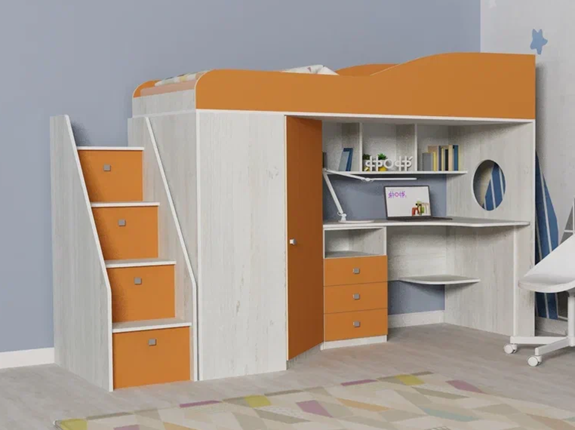 Кровать-чердак в детскую Кадет-1 с универсальной лестницей, корпус Винтерберг, фасад Оранжевый в Ревде - изображение