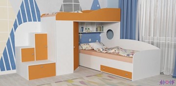 Детская кровать-чердак Кадет-2, корпус Белое дерево, фасад Оранжевый в Первоуральске