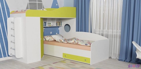 Кровать-чердак детская Кадет-2 с металлической лестницей, корпус Белое дерево, фасад Лайм в Кушве - изображение