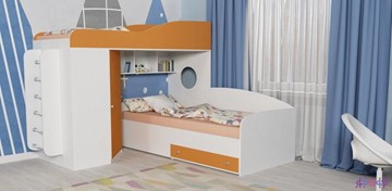Детская кровать-чердак Кадет-2 с металлической лестницей, корпус Белое дерево, фасад Оранжевый в Артемовском