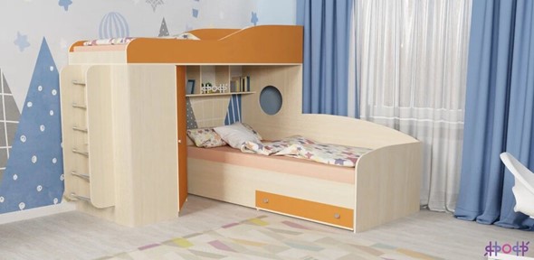 Детская кровать-чердак Кадет-2 с металлической лестницей, корпус Дуб, фасад Оранжевый в Кушве - изображение