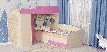 Детская кровать-шкаф Кадет-2 с металлической лестницей, корпус Дуб, фасад Розовый в Екатеринбурге