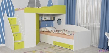 Детская кровать-шкаф Кадет-2 с универсальной лестницей, корпус Белое дерево, фасад Лайм в Екатеринбурге