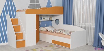 Детская кровать-шкаф Кадет-2 с универсальной лестницей, корпус Белое дерево, фасад Оранжевый в Екатеринбурге