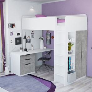 Кровать детская с письменным столом и шкафом POLINI Kids Simple Белый / Бетон в Асбесте - предосмотр 1
