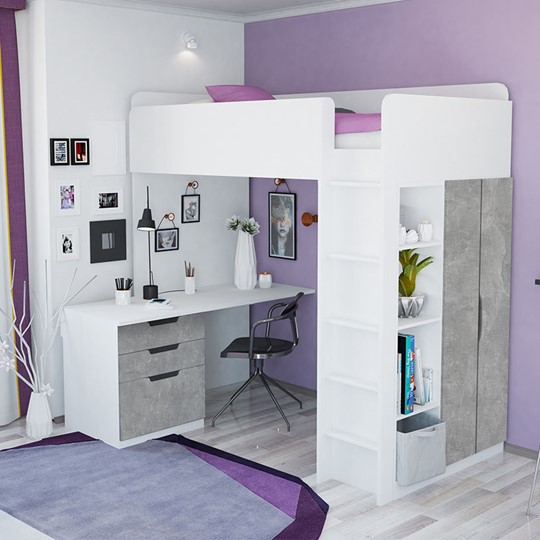 Кровать детская с письменным столом и шкафом POLINI Kids Simple Белый / Бетон в Асбесте - изображение 1