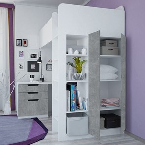 Кровать детская с письменным столом и шкафом POLINI Kids Simple Белый / Бетон в Ирбите - предосмотр 2