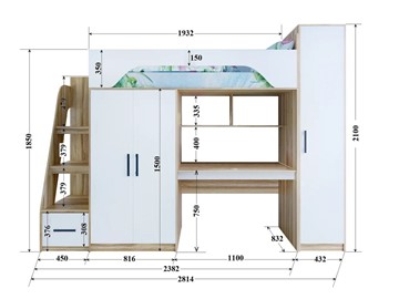 Детская кровать-чердак с шкафом Тея, каркас Винтерберг, фасад Амарант в Кушве - предосмотр 1