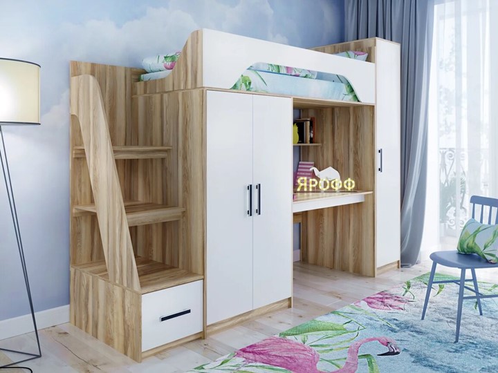 Кровать-чердак детская с шкафом Тея, каркас Ясень, фасад Белый в Ирбите - изображение 1