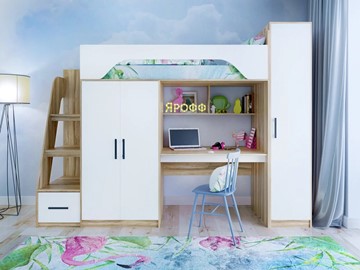 Кровать-чердак детская с шкафом Тея, каркас Ясень, фасад Белый в Каменске-Уральском