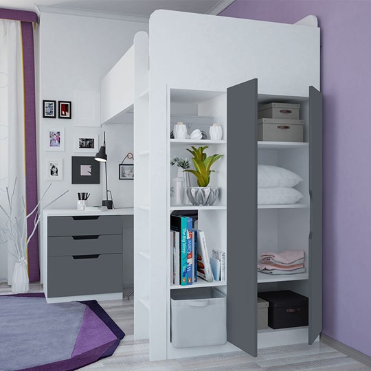 Детская кровать с письменным столом и шкафом POLINI Kids Simple Белый / Серый в Артемовском - изображение 1